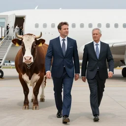 realistic art portrait of walking cows wearing dress suit boarding an airliner at airport