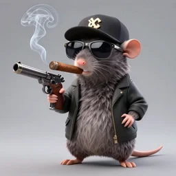 anthropomorphic gangster rat smoking a huge cigar, wearing sunglasses and a cap, holding a gun, long fur, holding a gun, anthropomorphic rat, detailed, 3d render, 4k, pixar