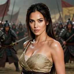 Olivia Culpo as a warrior princess in feudal japan, background: battle scene, clear makeup, clean hair, dry skin, clear skin, airbrushed, bright eye makeup, warrior body, photo by mario testino, Stanley Artgerm Lau, Rossdraws, christophe young, Siwoo Kim, MIhail Spil-Haufter, carlos ortega elizalde, 8k octane render, cinematic, hyper detailed, micro details, insanely detailed, trending on artstation, concept art, Peter Paul Rubens and Peter Mohrbacher style