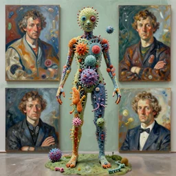 a full body sculpture made of bacteria and virus and molecules and atoms, painting part by wojciech siudmak, part by ilya repin, part by max ernst, part by norman rockwell, artstation