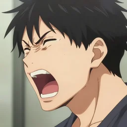 close up profile side view image of anime man screaming, intense rage, blood and sweat on face, anger, highly detailed ultra fine illustration, art by hajime isayama, greg rutkowski, electric energy aura, highly stylized, cel shading, trending on pivix fanbox.