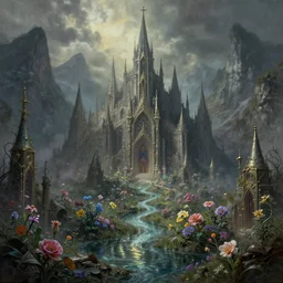 dwarven metropolis of water and flowers, located between the mountains. airbrush and metallic paints by award - winning visual concept artist, gothic horror, impressionism, depth of field, backlighting