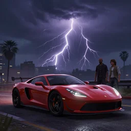 a sport car in gtav with thunderstorm. art by ismail inceoglu, filip hodas, and pixar.