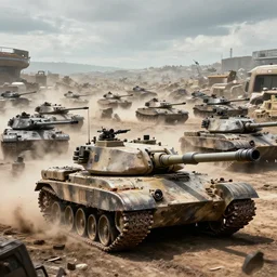 expansive view of hyper photo realistic gritty massive modern tank battle from a ground level view, in the style of black hawk down, octane render,
