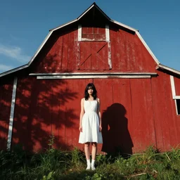 a young woman in!! the shadow! of a red barn!. black hair, white! dress, sharp focus, wide angle, in the art style of disco elysium, trending on artstation