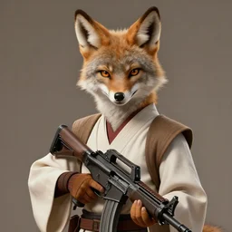 beautiful portrait of a female anthropomorphic coyote fursona wearing jedi robes wielding a m - 4 assault rifle. detailed hands. character design by charlie bowater, ross tran, artgerm, and makoto shinkai, detailed, soft lighting, rendered in octane