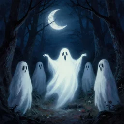 ghosts monsters ghouls at midnight in the forest. at night. crescent moon night sky. thomas kinkade. digital painting. marc simonetti. dancing ghost ghoul. michael whelan. mysterious glow. greg rutkowski. scary. creepy. artstation.