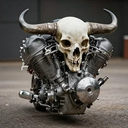 v 8 engine with buffalo horns, skull