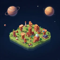 isometric view of a small colony on a distant strange planet