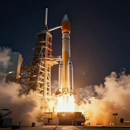epic professional digital art of vertical rocket on launch pad, at takeoff, ambient light, painted,, cinematic, detailed, grand, leesha hannigan, wayne haag, reyna rochin, ignacio fernandez rios, mark ryden, van herpen, artstation, cgsociety, epic, stunning, gorgeous, wow wow detail