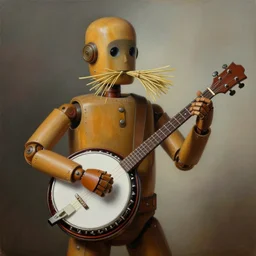 painting of a country bumpkin robot playing a banjo, straw in his mouth, style of rene magritte, high detail, hyper realistic, 8 k