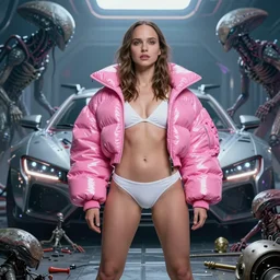 beautiful fantasy character portrait, natalie portman, wearing oversized plastic puffy pink bomber jacket and white bikini, model pose, ultra realistic, wide angle, dramatic lighting, futuristic vehicle, alien creatures, cyberpunk artifacts, highly detailed by hajime sorayama, peter mohrbacher, boris vallejo, aaron horkey,