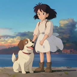 girl with her dog at the beach, evening, highly detailed, low angle view, studio ghibli, artstation