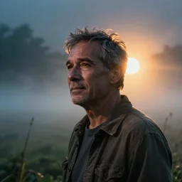 a cinematic perfectly lit headshot portrait of an emotional middle aged male stood in a fog filled field, a neon light shines in the distance, ultra realistic, depth, beautiful lighting