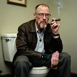 Walter white sitting on a toilet and smoking a cigar, Photorealistic, HDR, Cinematic