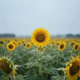 a sad! sunflower on a rainy! day, standing alone in a wide! field!, in a symbolic and meaningful style, trending on artstation, by rj monet.