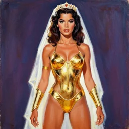sc - fi movie poster from the 8 0's, young bride dejah thoris, gold bikini armor, acrylic painting, by sargent, leyendecker