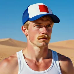 portrait painting of the upper body part of a french blond crossfiter with a mustache and a french flag cap | dune du pyla, cinematic and dramatic, 8 k, crisp lines, sharp edges, vibrant colors by artgerm, cushart krenz, greg rutkowski, mucha and norman rockwell