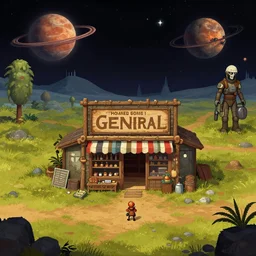 in front of a general store, in a remote outpost, on an alien planet, from a space themed point and click 2 d graphic adventure game, set design inspired slightly by hg giger and tomb raider, art inspired by thomas kinkade