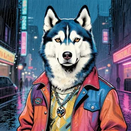 beautiful dog fursona portrait commission of a male anthropomorphic blue Husky fox fursona wearing 1980s stylish clothes. city at night in the rain. Neon light. Atmospheric. Character design by charlie bowater, detailed, inked, western comic book art