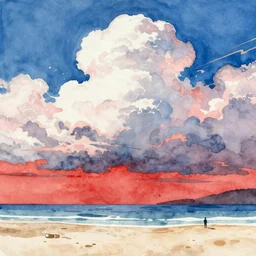 the soaring sky with clouds above a beach below, watercolor, by japanese masters, 4 k, beautiful, strong colors, surreal, trending on artstation,