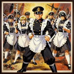 anime key visual of dictator fascist nationalist propaganda poster from world war 2 depicting an elite regiment of anime maids commiting war crimes, style of jamie wyeth james gilleard edward hopper greg rutkowski acrylic painting, preserved museum piece, historical