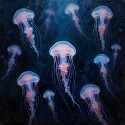 baroque oil painting of a thousand little jellyfish flying through the sky!!! different realm, cinematic, dark fantasy, acrylic palette knife, high detail, hyper realism, ray tracing, 4 k resolution, 8 k resolution, full hd, neon, realistic painting by junji ito, laurie lipton and michael whelan
