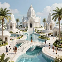 futuristic utopian paradise, canals, bridges, white marble temples, tropical, palm trees, crowds of people, by leon tukker, hertha hurnaus, photography, cinematic lighting, detailed sharp focus, raytracing, global illumination, octane render, pinterest