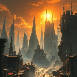 a complex futuristic city under a dying sun, highly detailed, digital painting, trending on artstation, dramatic lighting, cinematic, stunning concept art by ruan jia and jakub rebelka and moebius
