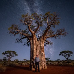 a large boab tree, kimberley region, western australia, elderly man screaming, milky way background, astrophotography, bold natural colors, national geographic photography, masterpiece, 8 k, raw, unedited, symmetrical balance