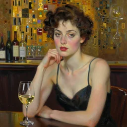 portrait of woman with glass of wine sitting in bar, digital painting, aesthetic, smooth, sharp focus, highly detailed painting by gustav klimt, 8 k