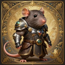 cute pet rat short muscular warrior cyberpunk theme medieval, deep focus, d & d, fantasy, intricate, elegant, highly detailed, digital painting, artstation, concept art, matte, sharp focus, illustration, hearthstone, art by artgerm and greg rutkowski and alphonse mucha
