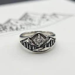 a silver ring design inspired on mountains and nature, with a diamond, bohemian style, sketch on paper