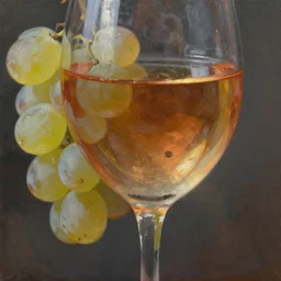 oil painting of glass of wine, translucent grapes closeup, reflections, glass refraction, art by anders zorn, wonderful masterpiece by greg rutkowski, beautiful cinematic light, american romanticism by greg manchess, reflections in copper, sunlight, dust and steam
