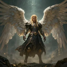 epic illustration of snufkin with angel wings in style of elden rings, wide angle, cinematic light
