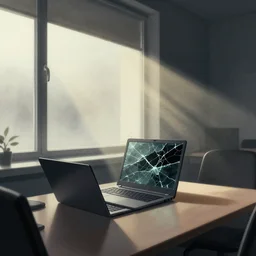 editorial illustration by karolis strautniekas and mads berg, office interior, broken laptop screen, near a window window, fog, fine texture, detailed, muted colors, film noir, dramatic lighting, dynamic composition, vivid, matte print, wide angle, ( ( sunbeams ) ), moody