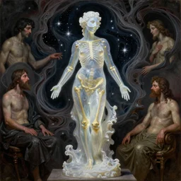 Beautiful full-body wax sculpture of glowing transparent woman in light mask with visible gold bones covered with melted white wax inside the singularity where stars becoming baroque folds of dark matter by Michelangelo da Caravaggio, Nicola Samori, William Blake, Alex Grey and Beksinski, dramatic volumetric lighting, highly detailed oil painting, 8k, masterpiece