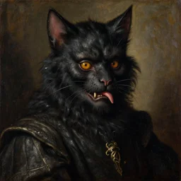 portrait of an actor in the role of the hideous cat monster, oil painting by jan van eyck, northern renaissance art, oil on canvas, wet - on - wet technique, realistic, expressive emotions, intricate textures, illusionistic detail