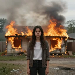 disaster nala standing in front of burning house looking at camera by croxot