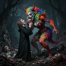 a portrait of a beautiful, colorful, flesh - eating, whimsical demon with rainbow fur, eating a screaming priest, standing on a pile of corpses, by alexandro judorowski and basia tran, fear, morbid, nightmare, supernatural, 8 k, digital art, highly detailed, chiaroscuro, creepy, terrifying