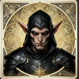 head-on symmetrical centered painted portrait, male goblin assassin, black leather armour, art nouveau, tarot card style, complex fractal tarot card background, fantasy, intricate, elegant, highly detailed, smooth, sharp focus, illustration, artstation, in the style of Artgerm and Anna Podedworna and Alex Ross and Mucha