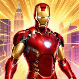 anime key visual concept art portrait of ironman, new york city background, in spider - man into the spider - verse ( 2 0 1 8 ) film, golden rays, by alberto mielgo, 6 0's french movie poster, vivid colors, anaglyph, dynamic composition