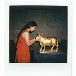 Polaroid Photo of red dress women worshipping a golden calf