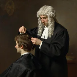 judge wearing a wig is making a haircut to another judge with a wig, by ivan shishkin