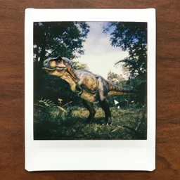 A polaroid photo of a dinassaur