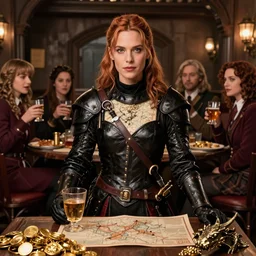 kate beckinsale as thief drink in the inn with friends, weared as thief dungeon and dragons, black leather armor with map, lockpicks, dagger, pile of gold and dragon trophy, looks straight forward, high detail, 4k