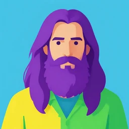 digital man with long hair. beard. Purple. Yellow. Blue. Green.