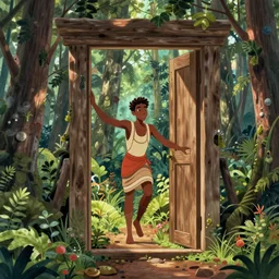 highly detailed beckoning through doorway in the forest finely detailed illustration animation key frame alphone mucha ilya kuvshinov satoshi kon