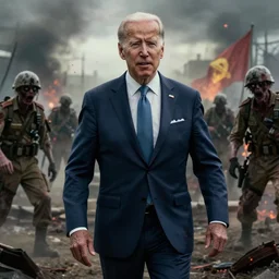 joe biden as a zombie in a communist post apocalyptic war zone full of zombie soldiers, hyper realistic, 4k, octane rendering