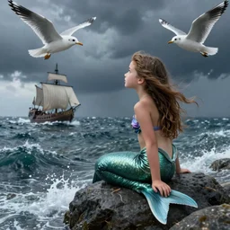 a beautiful  little mermaid sitting on a rock in the middle of a stormy ocean, watching the seagulls flying above her, a viking ship is sailing in the distance, fantasy painting,  hyperrealistic, hyperdetailed, depth of field, High definition, 8k,  octane render, artstation